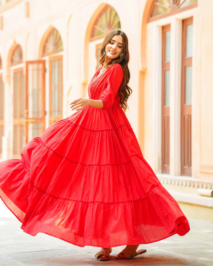 Memooza Wear | Fiery Red Solid & Tiered Dress