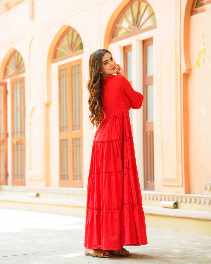 Memooza Wear | Fiery Red Solid & Tiered Dress