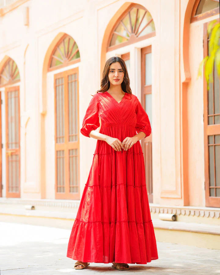 Memooza Wear | Fiery Red Solid & Tiered Dress