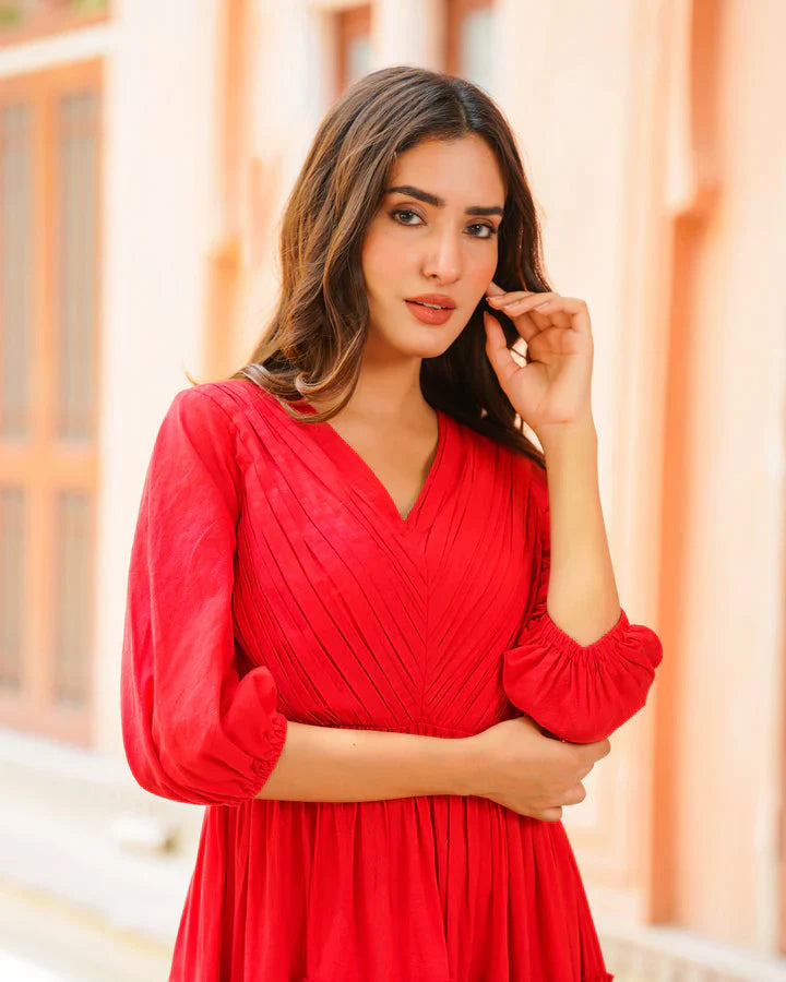 Memooza Wear | Fiery Red Solid & Tiered Dress